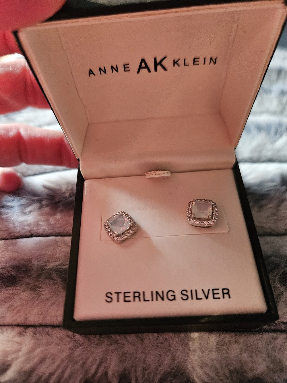 Anne Klein 925 Sterling Silver Pavé Halo Cushion Opal Stud Earrings NIB